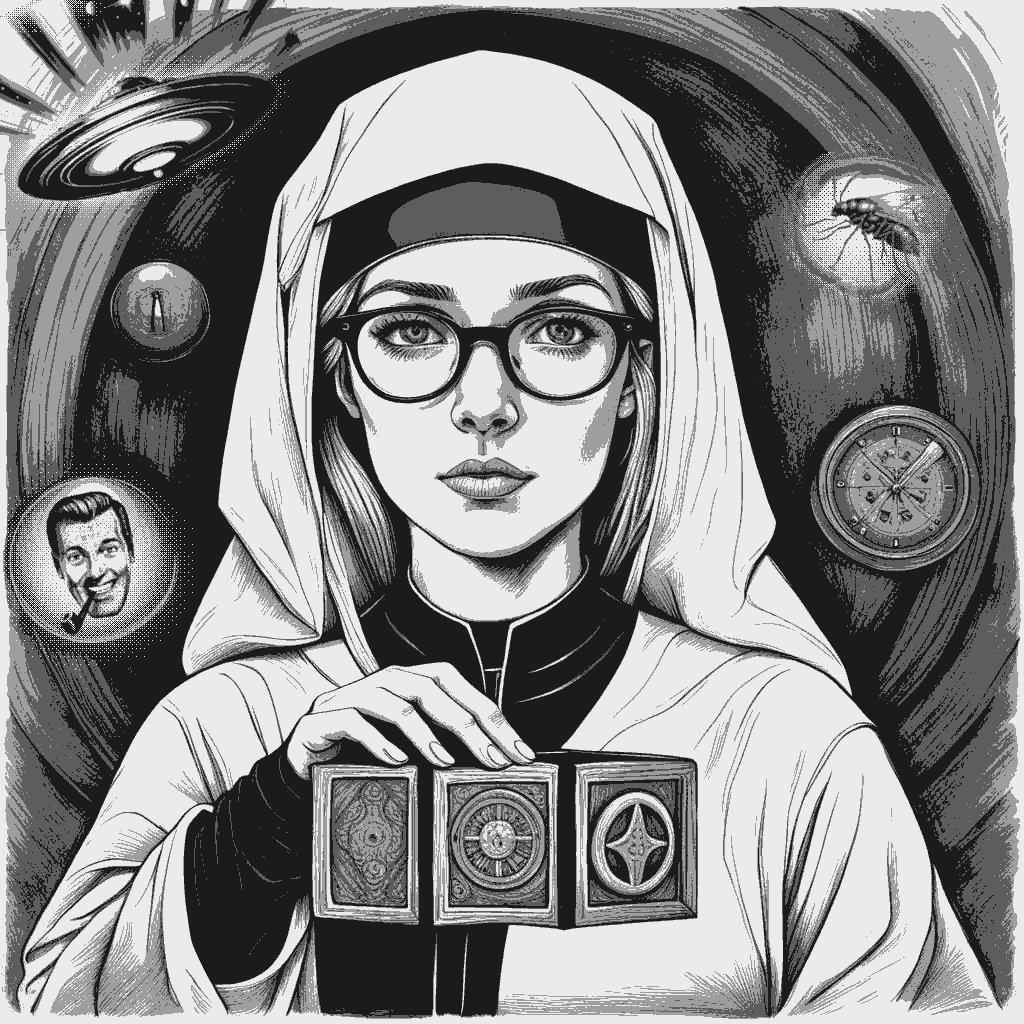 A woodcut of Rev. Odessa C. Ray holding a model cube